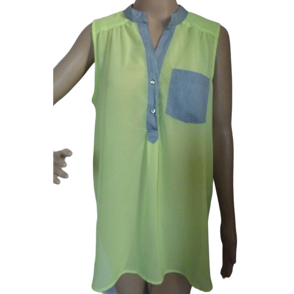 Ali Kris Large Sheer Lime Green Chambray Blue Sleeveless Tank l blouse top shirt